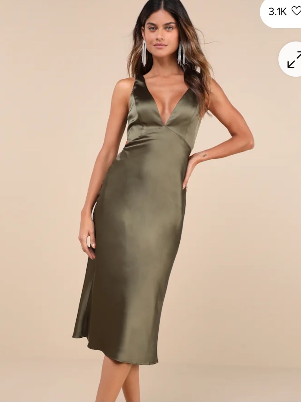 Lulu's Olive Satin V-Neck Midi Dress